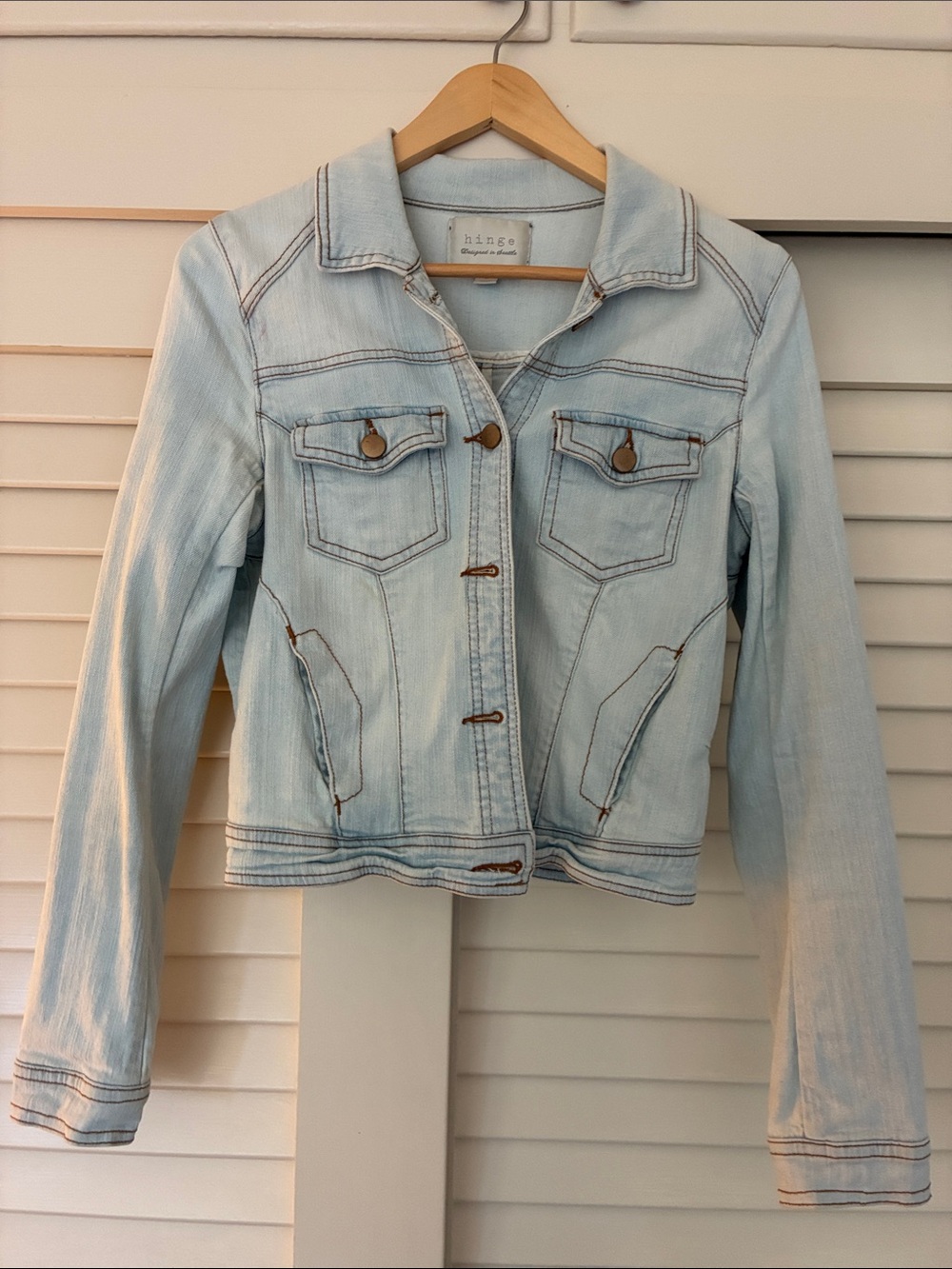 hinge Light Wash Denim Jacket in Pale Blue
